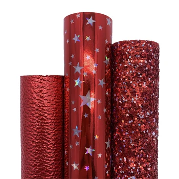 3TK/SET Punane Glitter Vinüül Kangas ühitamist Sillerdavad Tähed Faux Nahast Vibud Kõrvarõngad DIY 21X29CM Q144