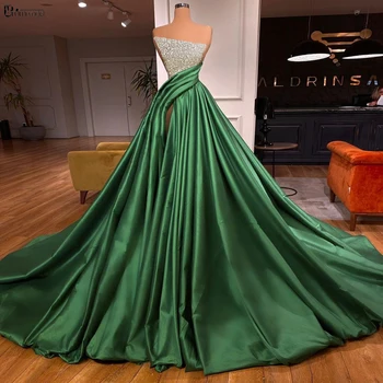 Elegantne Smaragdroheline Õhtukleidid 2022 Maha Laiemad Kõnniteed Satiin Kleit Plisseeritud Seksikas Pilu, Ametliku Kleit Võistlused Pool Palli Kleit