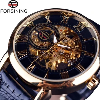 Forsining 3d Logo Design Õõnes Graveerimine Must Kuld Juhul Nahk Skelett Mehaanilised Kellad Meeste Luksus Brändi Heren Horloge