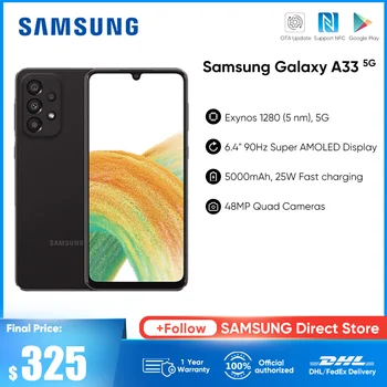 Originaal Samsung Galaxy A33 5G Nutitelefon 90Hz Exynos 1280 Octa-core 5000mAh 25W Kiire Laadimine Super AMOLED Ekraan Mobiiltelefon