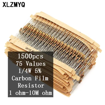 1500Pcs 1/4W 5% Carbon Film Takisti Assortii Diy Kit 75 Väärtused on 1 oom~10M ohm Resistance 5% DIY Elektroonilise Takistite Komplekt