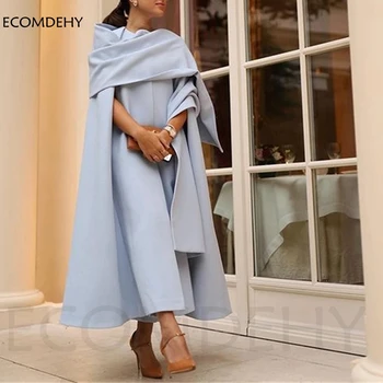 Uute Tulijate Saudi Araabia Naiste Õhtukleidid Light Blue Satiin Elegantne Prom Kleit Pahkluu Pikkus Kaua Cape Rõivas Ametliku Kleit