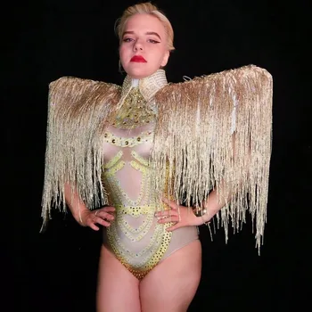 Kuld Tutt Cape Säravad Kristallid Kombekas Naiste Sexy Etapp kostüüm Ööklubi Partei Etapp Kanda Tantsija ja Laulja Bodysuit