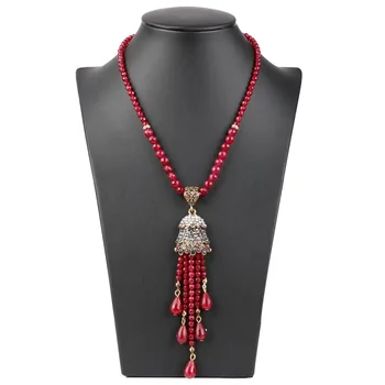 Luksus Vintage Pikk Tutt Ripats Kaelakee Naiste Antiikse Kulla Värvi Türgi Punane Kristall Kampsun India Bijoux