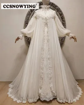 Sifonki Appliques Pikad Varrukad Moslemi Pulmas Kleit Cape Kõrge Kaeluse Dubai araabia Pruut Kleit Hijab Rüü De Soirée De Mariage
