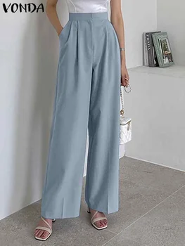 Naiste Püksid Lai Jalg Püksid 2023 VONDA Mood Kõrge Vöökoht Plisseeritud Elegantne Vabaaja Lahtised Taskud Lukuga Streetwear Püksid